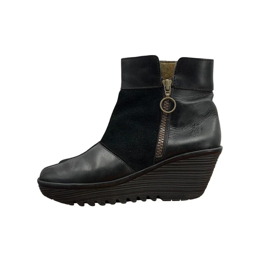 Fly London Wedge Ankle Checker Boot Women SZ 36 5.5 Black Leather Suede Comfort
